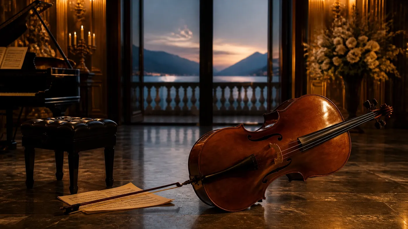 A cello resting in a candlelit room beside a grand piano, with mountains beyond the windows